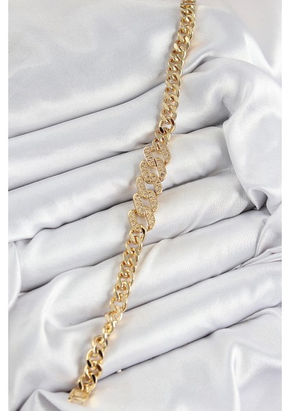 Pirinç Zirkon Taşlı Ezme Küba Zincir Model Gold Renk Kadın Bileklik