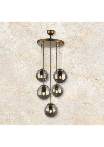 Şık 5'li Rustik Avize, Füme Cam ve Kahverengi Detaylar ile Doğal Atmosfer Sağlar