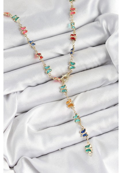 Pirinç Renkli Zirkon Taşlı Kelebek Model Gold Renk Kadın Y Kolye