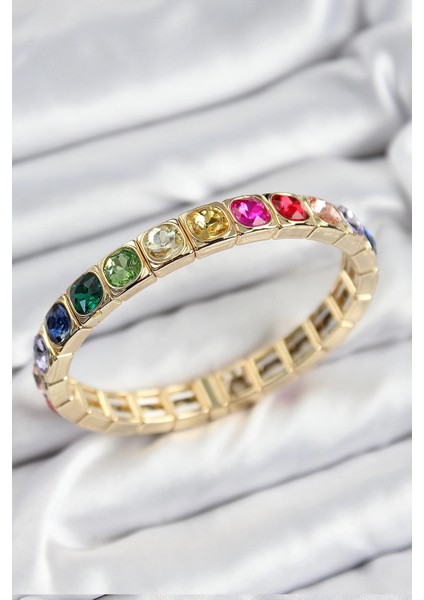 Pirinç Karışık Zirkon Taşlı Kare Model Gold Renk Lastikli Kadın Bileklik