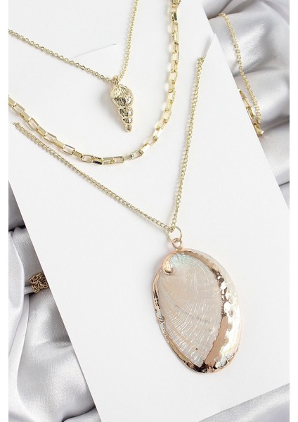 Pirinç Çoklu Zincirli Istiridye Model Gold Renk Kadın Kolye