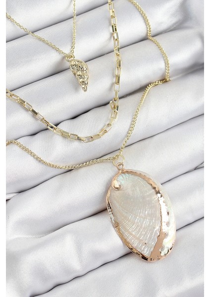 Pirinç Çoklu Zincirli Istiridye Model Gold Renk Kadın Kolye fiyatları