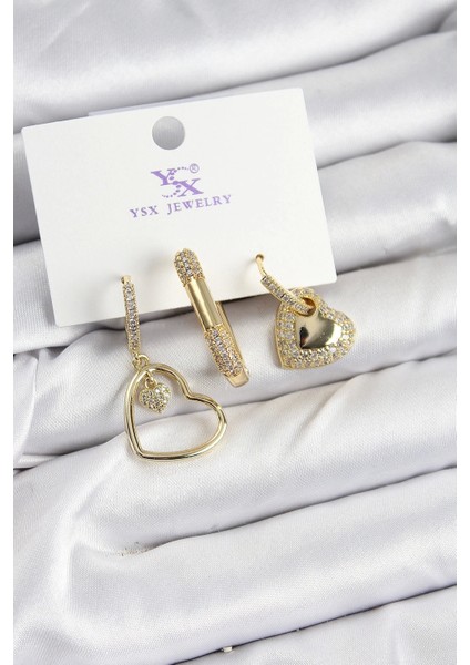 Pirinç Zirkon Taşlı Kalp Model Gold Renk 3'lü Kadın Küpe