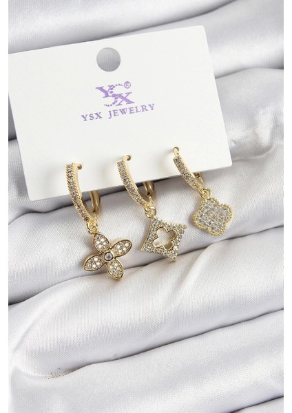 Pirinç Zirkon Taşlı Yonca Model Gold Renk 3'lü Kadın Küpe