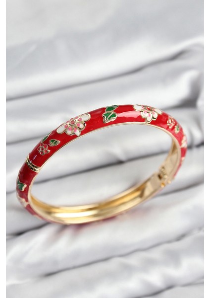 Mineli Pirinç Kırmızı Çiçek Motifli Gold Kadın Kelepçe