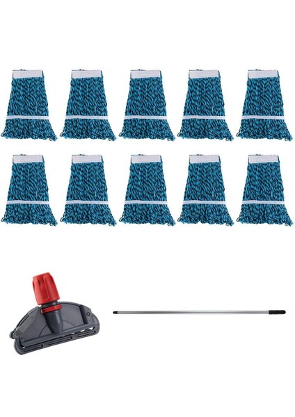 Çift Kovalı Temizlik Arabası Seti, 10 Adet Yedek Mop ve Dar Mop Tutucu