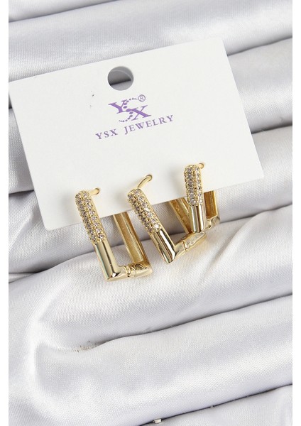 Pirinç Zirkon Taşlı Dikdörtgen Model Gold Renk 3'lü Kadın Küpe