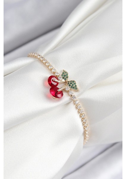 Pirinç Zirkon Taşlı Kiraz Model Gold Renk Asansörlü Kadın Bileklik