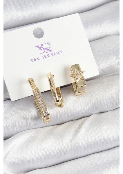 Pirinç Zirkon Taşlı Yıldız Model Gold Renk 3'lü Kadın Küpe