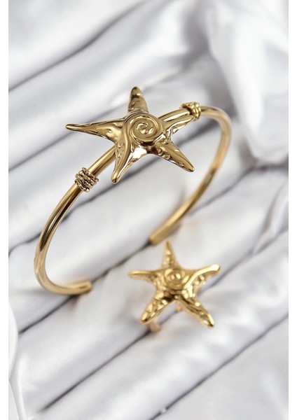 Pirinç Deniz Yıldızı Model Gold Renk Bileklik Yüzük Set