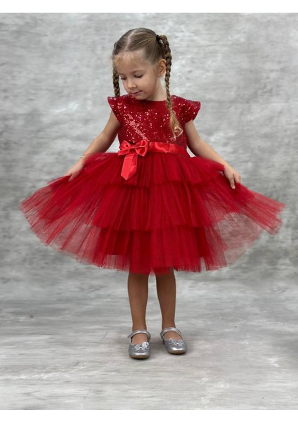 Kız Çocuk Pul Işlemeli Kat Kat Kırmızı Abiye Elbise