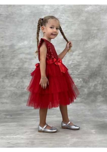 Kız Çocuk Pul Işlemeli Kat Kat Kırmızı Abiye Elbise modelleri