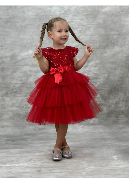 Kız Çocuk Pul Işlemeli Kat Kat Kırmızı Abiye Elbise fırsatları
