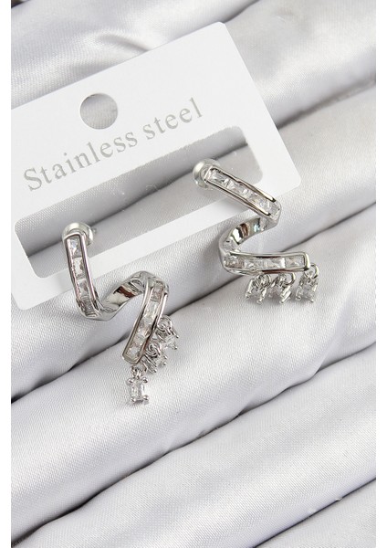 Pirinç Zirkon Taşlı Kıvrımlı Model Gümüş Renk Kadın Küpe - TJ-BKP11113