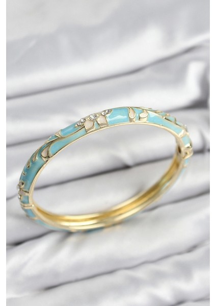 Mineli Pirinç Zirkon Taşlı Turkuaz Çiçek Motifli Gold Kadın Kelepçe