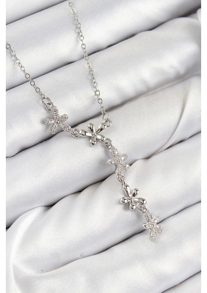 316L Çelik Zirkon Taşlı Çiçek Model Gümüş Renk Kadın Kolye