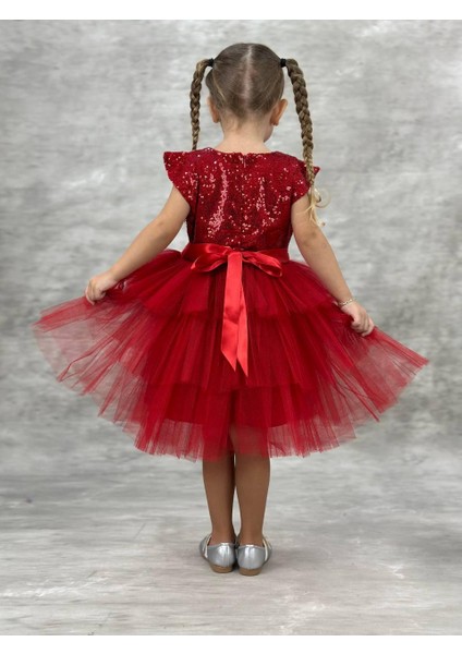 Kız Çocuk Pul Işlemeli Kat Kat Kırmızı Abiye Elbise fiyatları