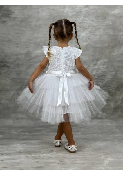 Kız Çocuk Pul Işlemeli Kat Kat Kırmızı Abiye Elbise