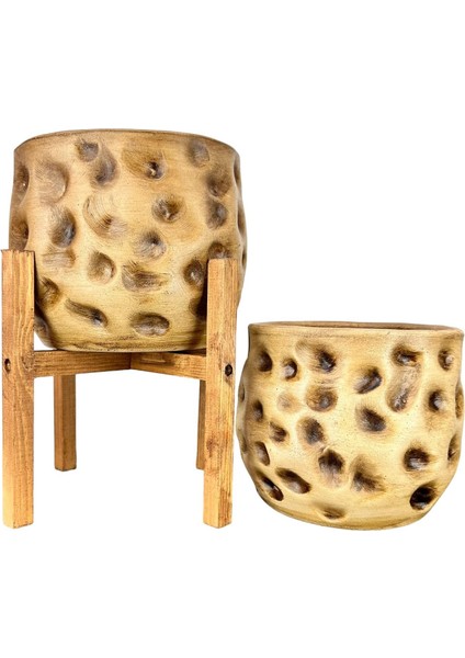 Ev Dekorasyon Aksesuar Naturel Desenli Toprak Saksı Saksılık Salon Çiçeklik Ikili Set 4 Ayaklı - Ayaksız 19 cm