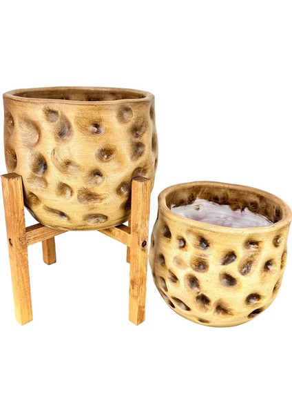Ev Dekorasyon Aksesuar Naturel Desenli Toprak Saksı Saksılık Salon Çiçeklik Ikili Set 4 Ayaklı - Ayaksız 19 cm indirimleri