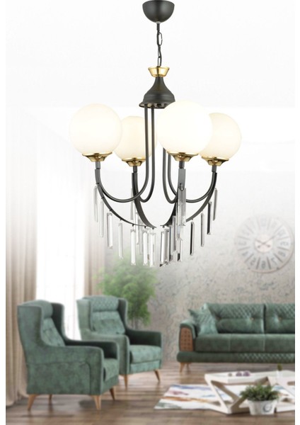 4'lü Beyaz Glop Camlı Lüks Yukarı Bakan Kristal Avize