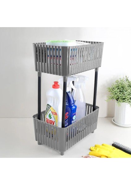 2 Katlı Düzenleyici Mutfak Banyo Rafı - Tezgah Altı Evye Altı Dolap Organizer Deterjanlık Gri