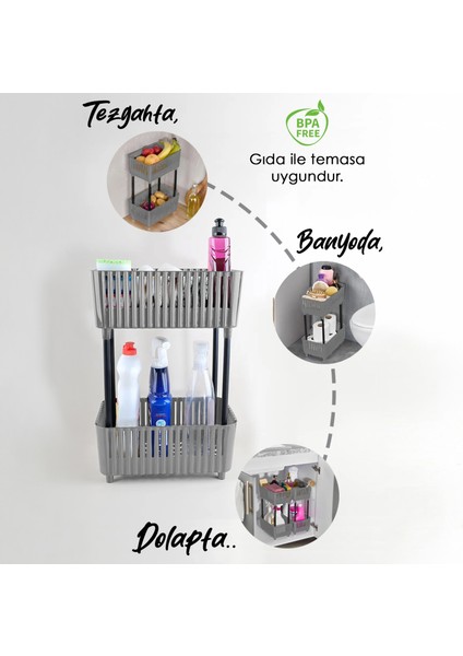 2 Katlı Düzenleyici Mutfak Banyo Rafı - Tezgah Altı Evye Altı Dolap Organizer Deterjanlık Gri modelleri