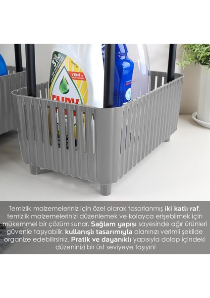 2 Katlı Düzenleyici Mutfak Banyo Rafı - Tezgah Altı Evye Altı Dolap Organizer Deterjanlık Gri fırsatları