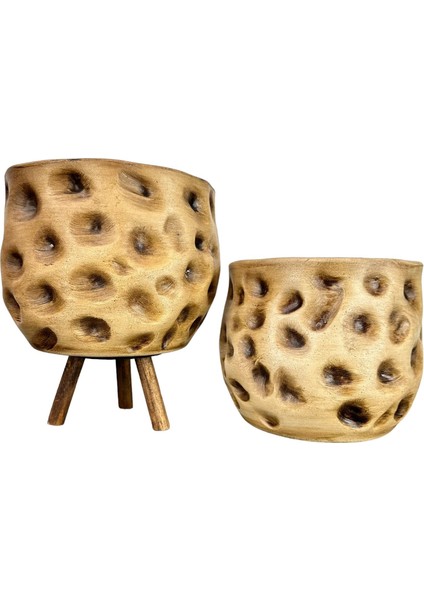 Ev Dekorasyon Aksesuar Naturel Desenli Toprak Saksı Saksılık Salon Çiçeklik Ikili Set Ayaksız - 3 Ayaklı 19 cm