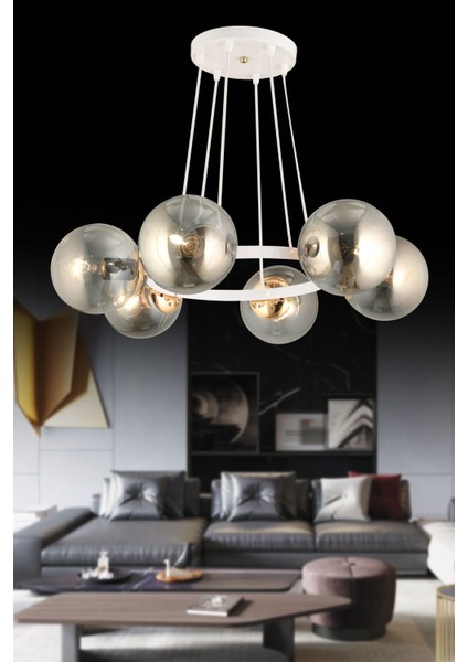 Şık 6'lı Füme Glop Camlı Modern Avize, Ev ve Ofis Dekorasyonu Için Ideal