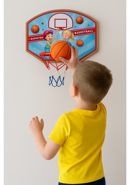 Ahşap Gövdeli Fileli Basketbol Potası ve Top Seti | 40X47 cm Asılabilir Duvar Tipi Çocuk Basket Seti