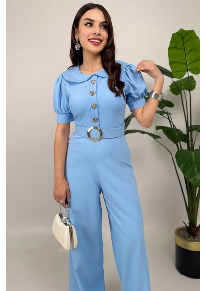Firenze Kadın Mavi Düğmeli Kemer Detaylı Bol Paça Tulum – Zarif Akşam Şıklığı