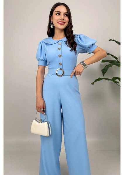 Firenze Kadın Mavi Düğmeli Kemer Detaylı Bol Paça Tulum – Zarif Akşam Şıklığı fiyatları