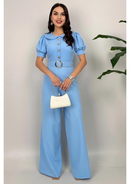 Firenze Kadın Mavi Düğmeli Kemer Detaylı Bol Paça Tulum – Zarif Akşam Şıklığı modelleri