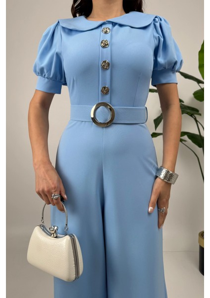 Firenze Kadın Mavi Düğmeli Kemer Detaylı Bol Paça Tulum – Zarif Akşam Şıklığı fırsatları