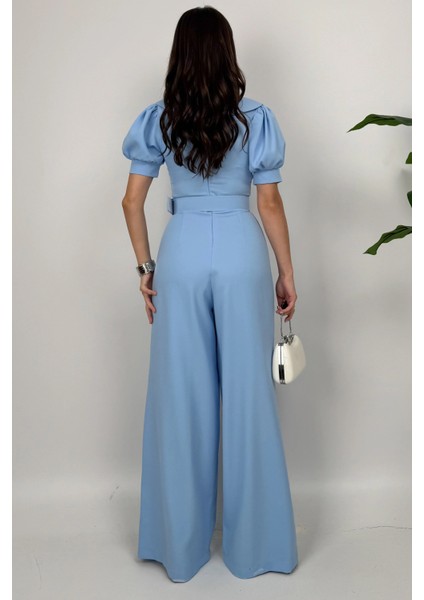Firenze Kadın Mavi Düğmeli Kemer Detaylı Bol Paça Tulum – Zarif Akşam Şıklığı indirimleri