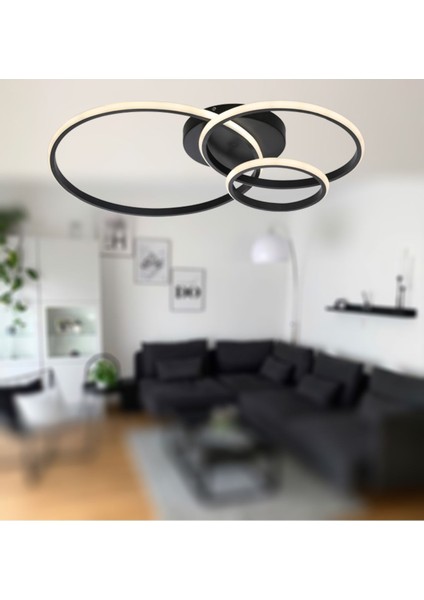 3 Halkalı Mat Siyah Plofonyer Sarı Işık LED Avize, Şık ve Modern Aydınlatma Seçeneği