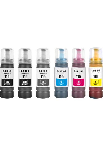 Epson T115 (115) Epson Ecotank L8160 Epson Ecotank L8180 Uyumlu 6 Renkli Muadil Mürekkep Seti 70'er ml