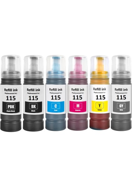 Epson T115 (115) Epson Ecotank L8160 Epson Ecotank L8180 Uyumlu 6 Renkli Muadil Mürekkep Seti 70'er ml indirimleri
