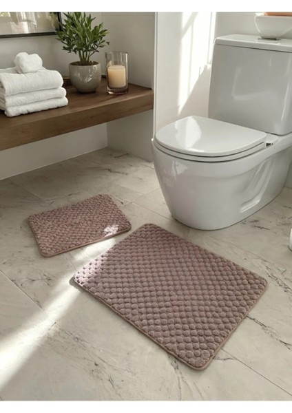 Home 2'li Toz Pembe Banyo Paspas Takımı – Klozet Takımı (Kaymaz Tabanlı), 40X50 & 50X90 cm