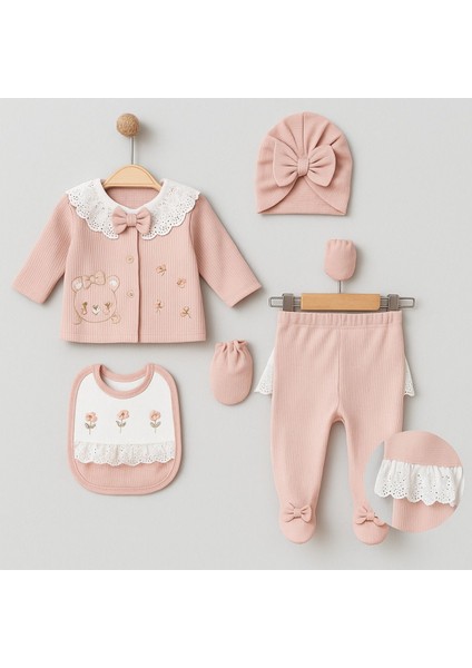 5 Parça Kız Bebek Çıkış Seti – Dantel Yaka & Fiyonklu