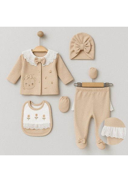 5 Parça Kız Bebek Çıkış Seti – Dantel Yaka & Fiyonklu