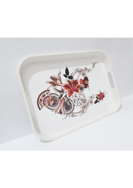 Çay Tepsi 34X24X3.5 cm Desenli Plastik Dikdörtgen Çay Kahve Tepsisi Sunum Tepsi