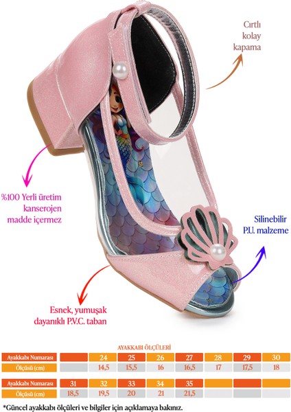 Deniz Kızı Şeffaf Burnu Açık Kız Çocuk Topuklu Abiye Ayakkabı fiyatları