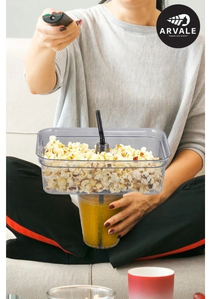 3'lü Mısır Cips Kovası ve Pipetli Bardak Seti, Şık ve Pratik Tasarım