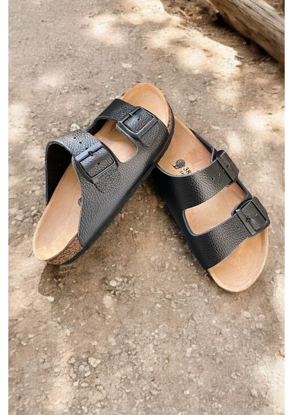 Doğal Mantar Taban Anatomik Hakiki Deri Unisex Çift Toka Siyah Terlik