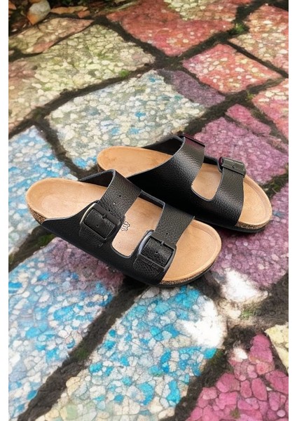 Doğal Mantar Taban Anatomik Hakiki Deri Unisex Çift Toka Siyah Terlik fiyatları