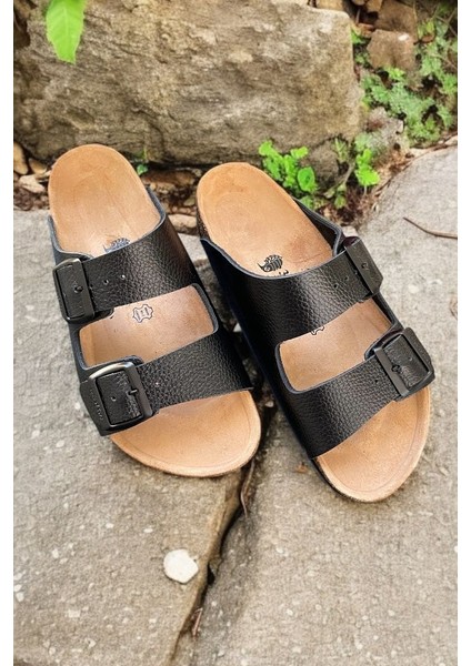 Doğal Mantar Taban Anatomik Hakiki Deri Unisex Çift Toka Siyah Terlik modelleri