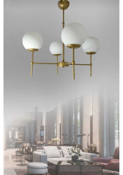 Modern 4'lü Eskitme Boyalı Avize, Beyaz Cam Detaylarıyla Şık Aydınlatma Seçeneği