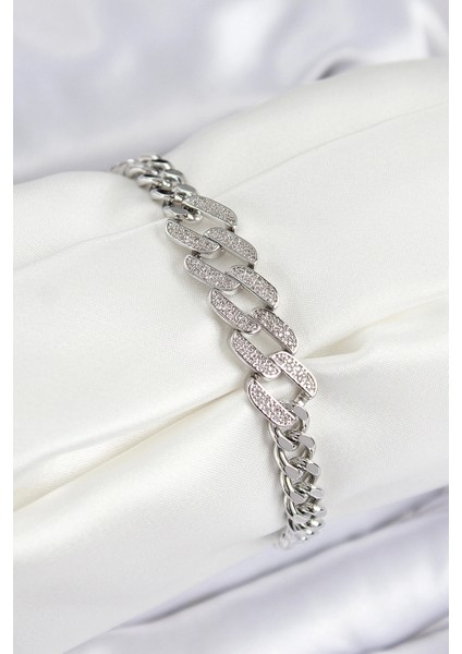 Pirinç Zirkon Taşlı Ezme Küba Zincir Model Gümüş Renk Kadın Bileklik